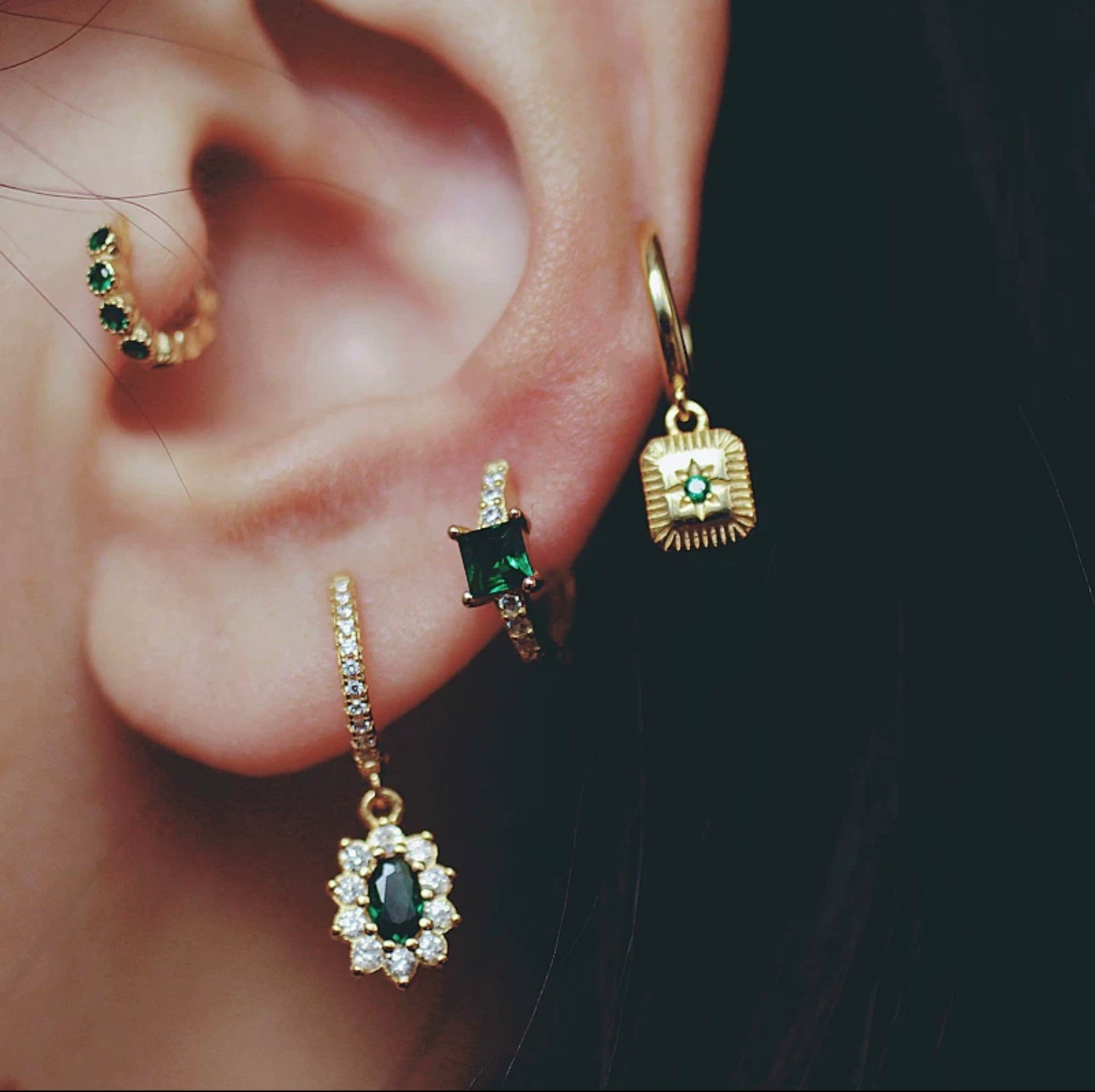 Emerald Zirconia Gold Dangle Hoop Earrings
