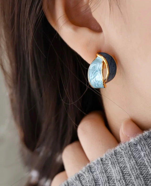 Dark Blue And Light Blue Gold Hand-Painted Enamel Hoop Earrings