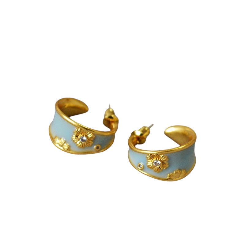 Light Blue Gold Hand-Painted Enamel Hoop Earrings