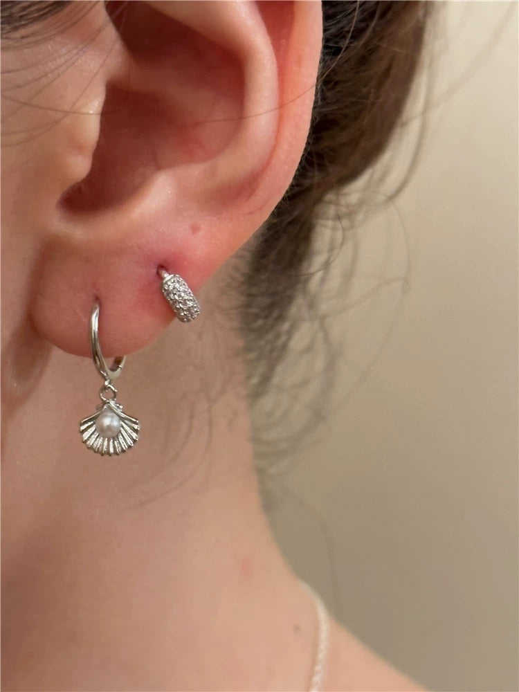 Pearl Shell Silver Dangle Hoops