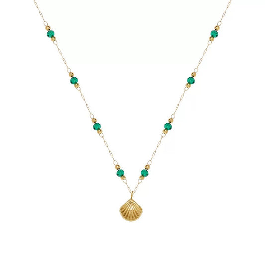 Green Crystal and Gold Shell Necklace