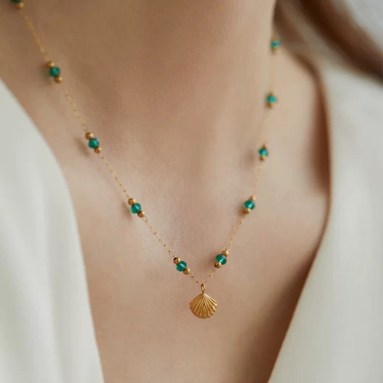 Green Crystal and Gold Shell Necklace