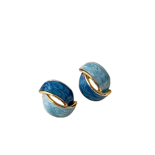 Dark Blue And Light Blue Gold Hand-Painted Enamel Hoop Earrings