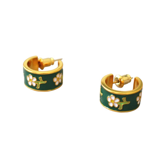 Green Gold Hand-Painted Enamel Hoop Earrings