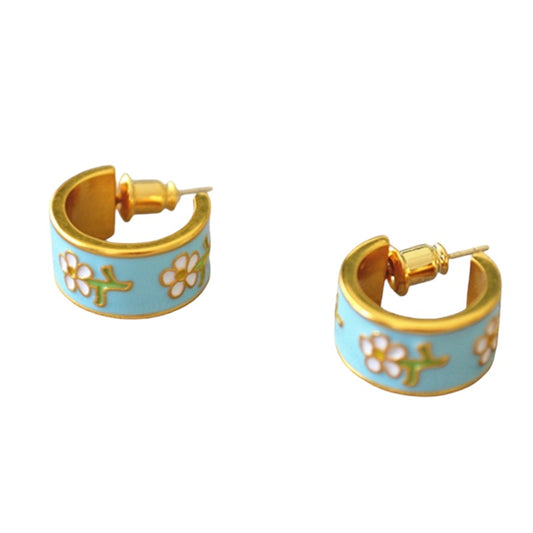 Light Blue Gold Hand-Painted Enamel Hoop Earrings