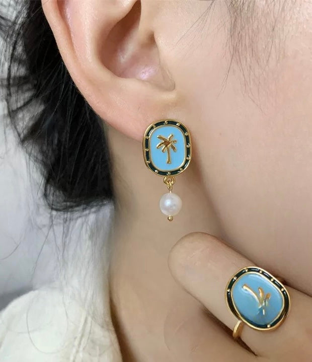 Light Blue Gold Hand-Painted Enamel Earrings