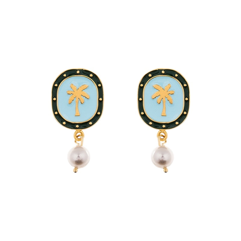 Light Blue Gold Hand-Painted Enamel Earrings