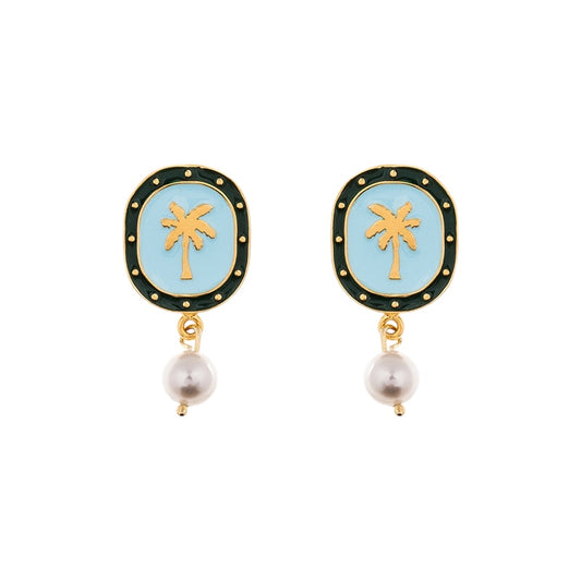 Light Blue Gold Hand-Painted Enamel Earrings