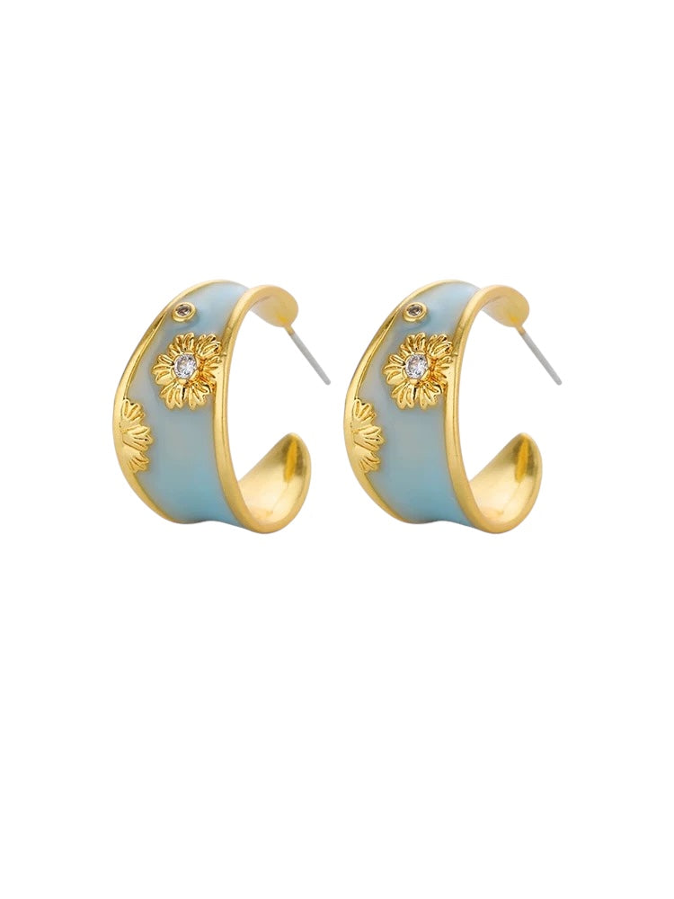 Light Blue Gold Hand-Painted Enamel Hoop Earrings