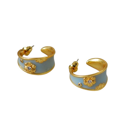 Light Blue Gold Hand-Painted Enamel Hoop Earrings