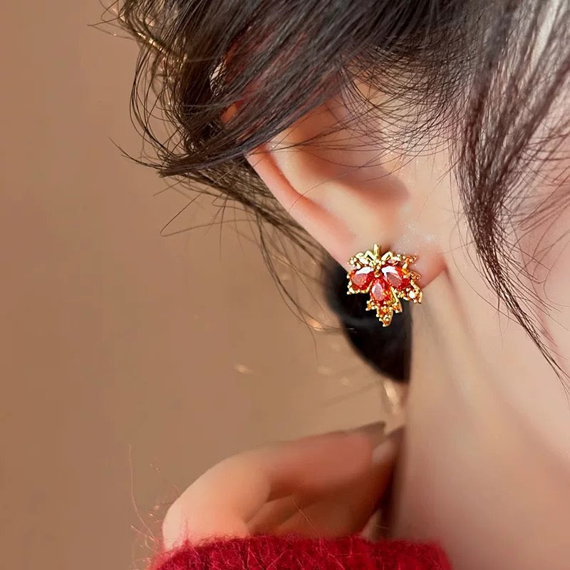 Maple Leaf Zircon Gold Earrings