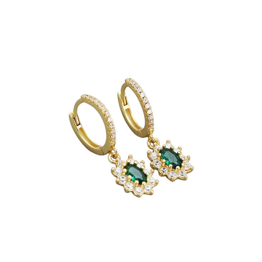 Emerald Zirconia Gold Dangle Hoop Earrings