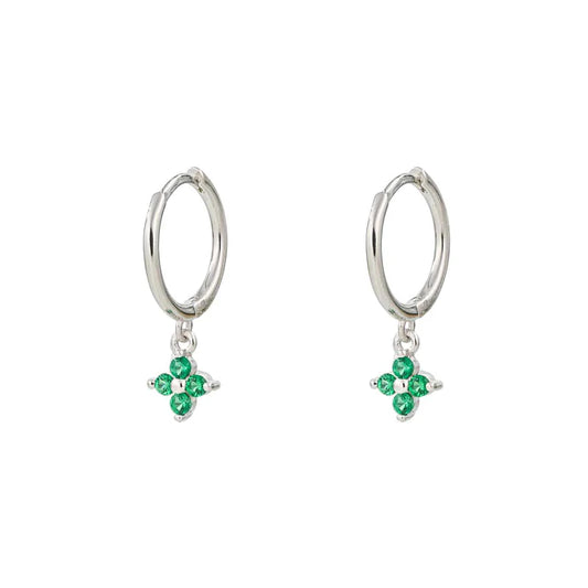 Flower Emerald Silver Dangle Hoop