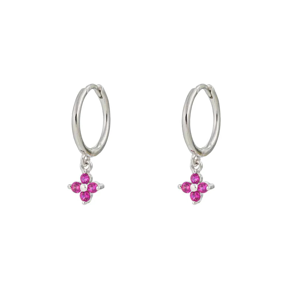 Flower Pink Silver Dangle Hoop