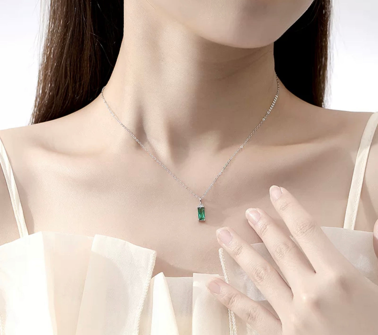 Emerald Little Square Silver Waterproof Necklace