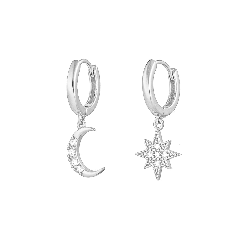 Moon and Star Silver Dangle Hoop