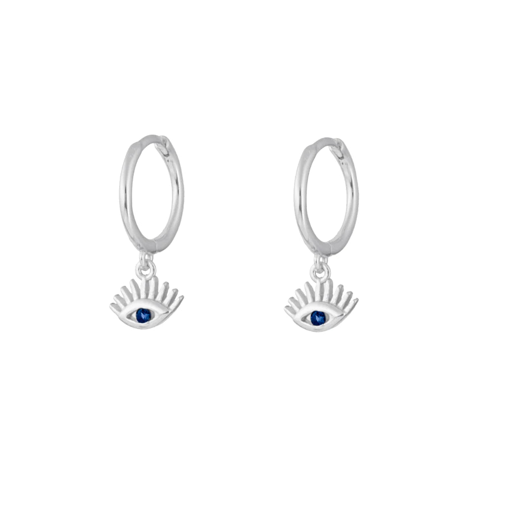 D-Blue Evil Eye Silver Dangle Hoops