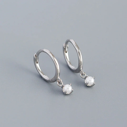 Small Pearl Silver Dangle Hoop