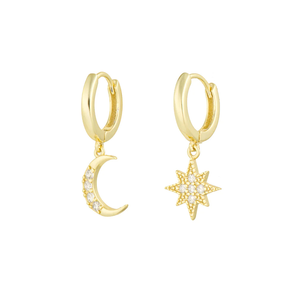 Moon and Star Gold Dangle Hoop